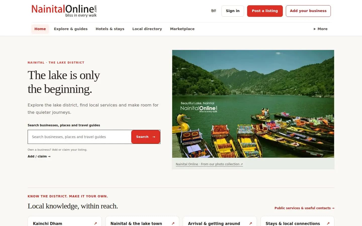 NainitalOnline homepage preview with Nainital lake imagery and a local guide search