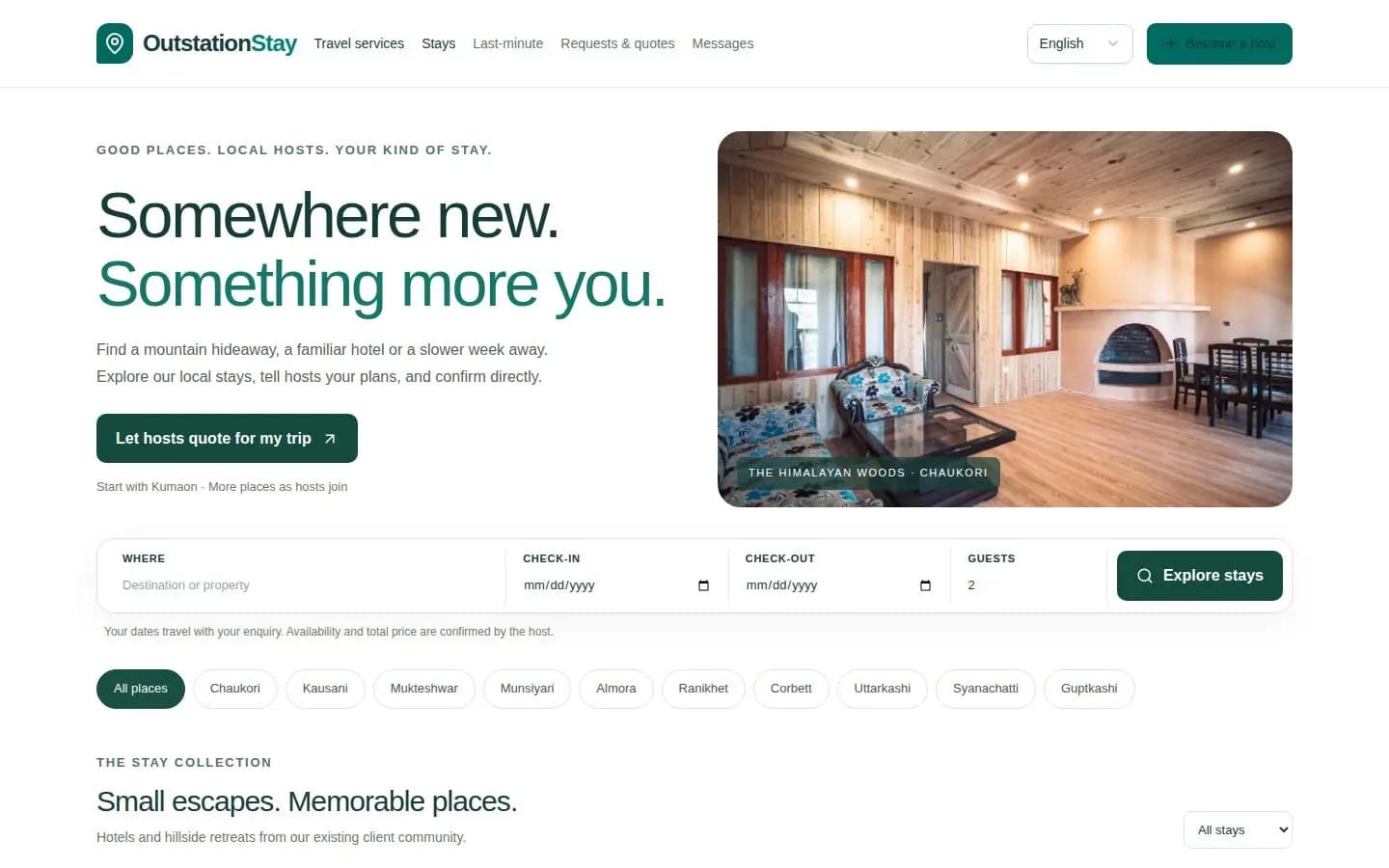 OutstationStay homepage preview with a hillside stay and search for local accommodation