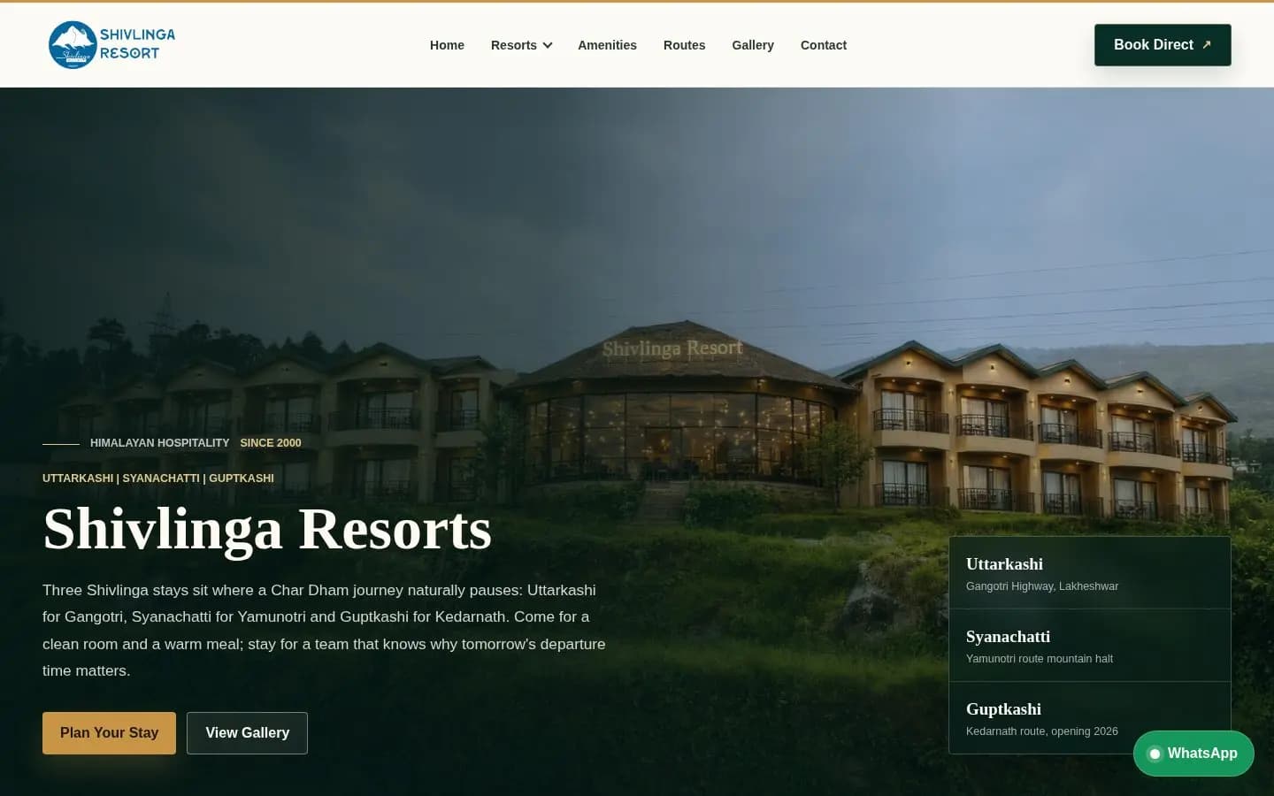 Shivlinga Resorts homepage preview with mountain property imagery and resort locations
