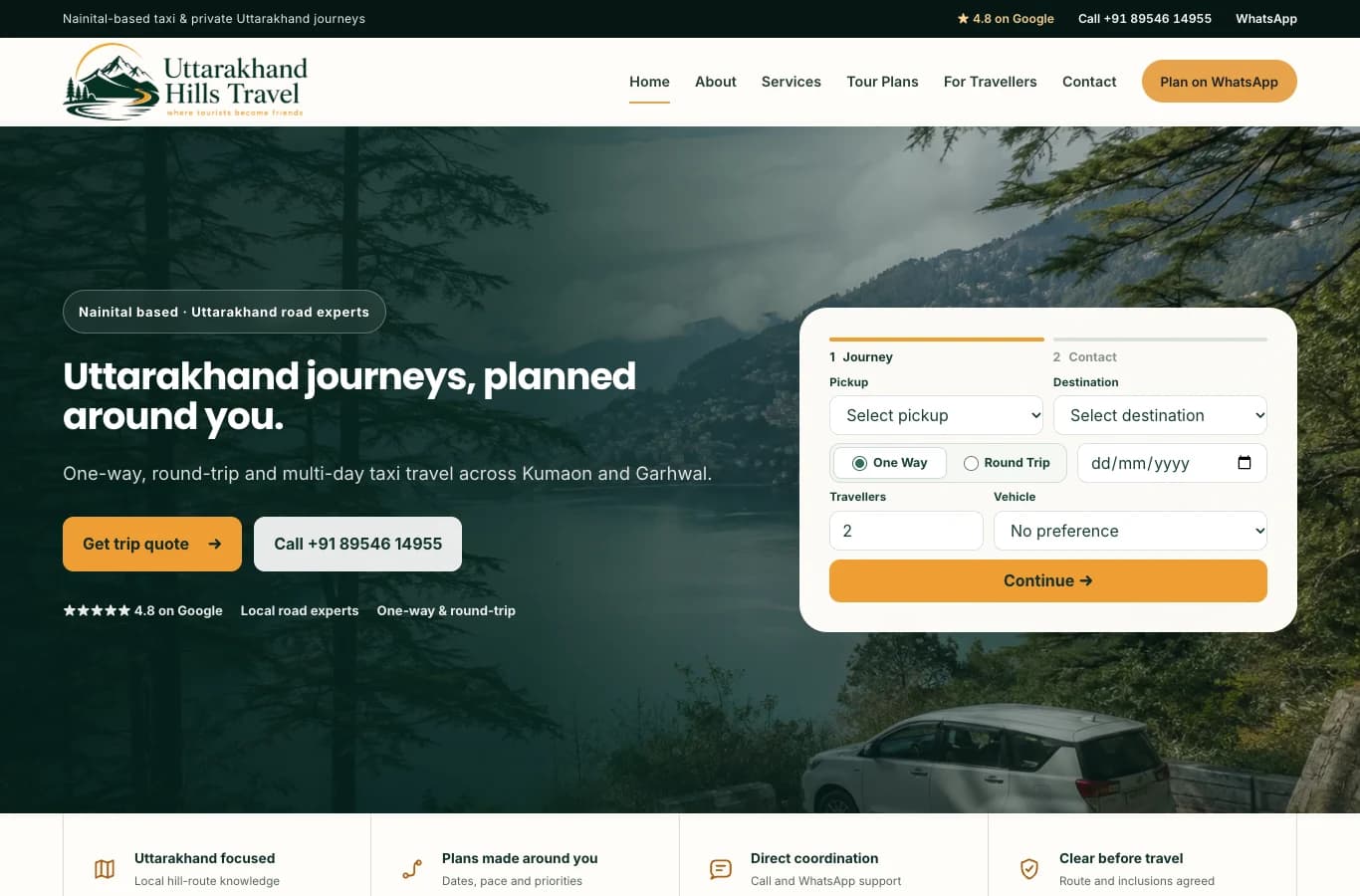 Current Uttarakhand Hills Travel homepage showing a Himalayan road journey and route-based taxi quote form