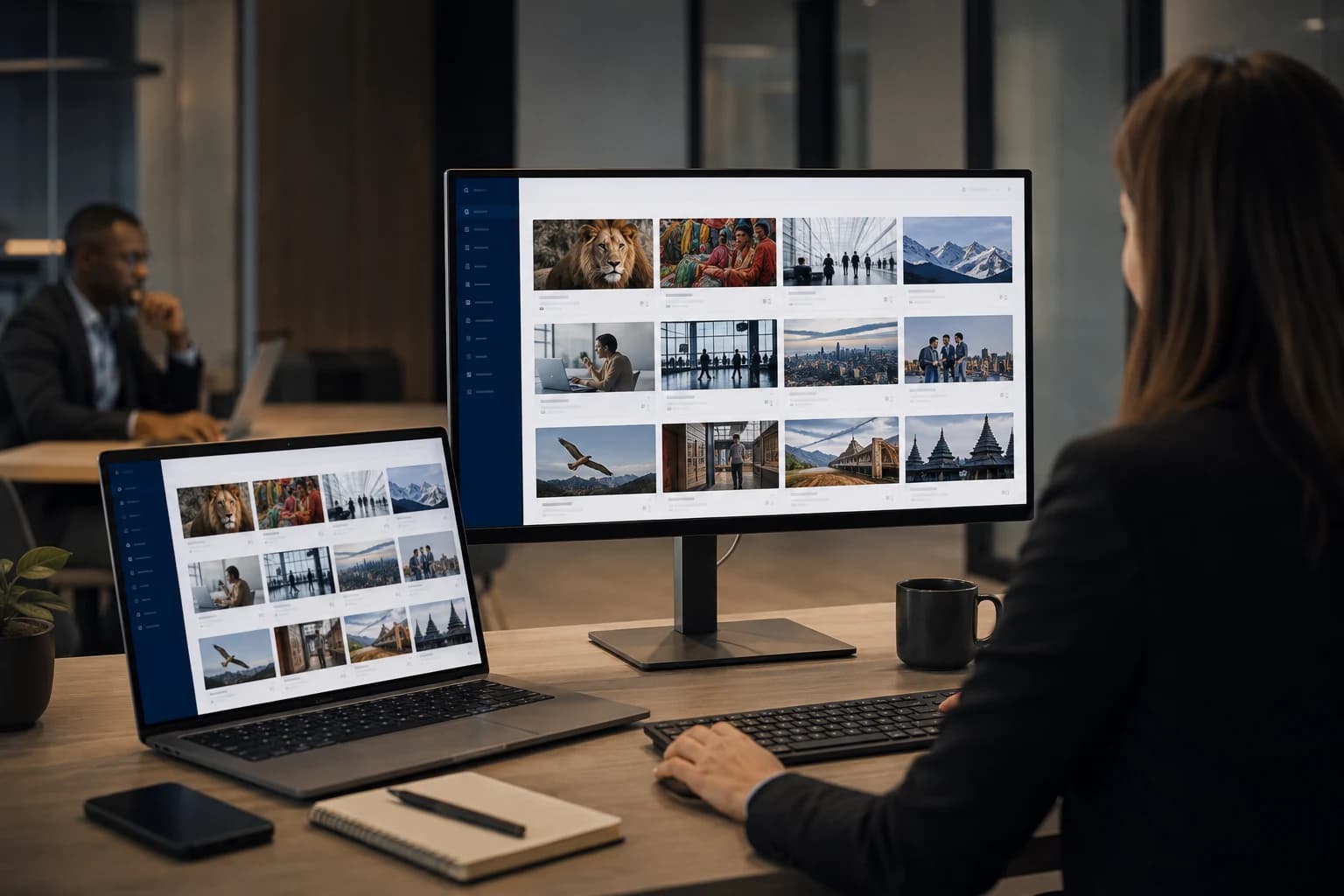 Digital marketplace platform displayed across desktop and laptop screens