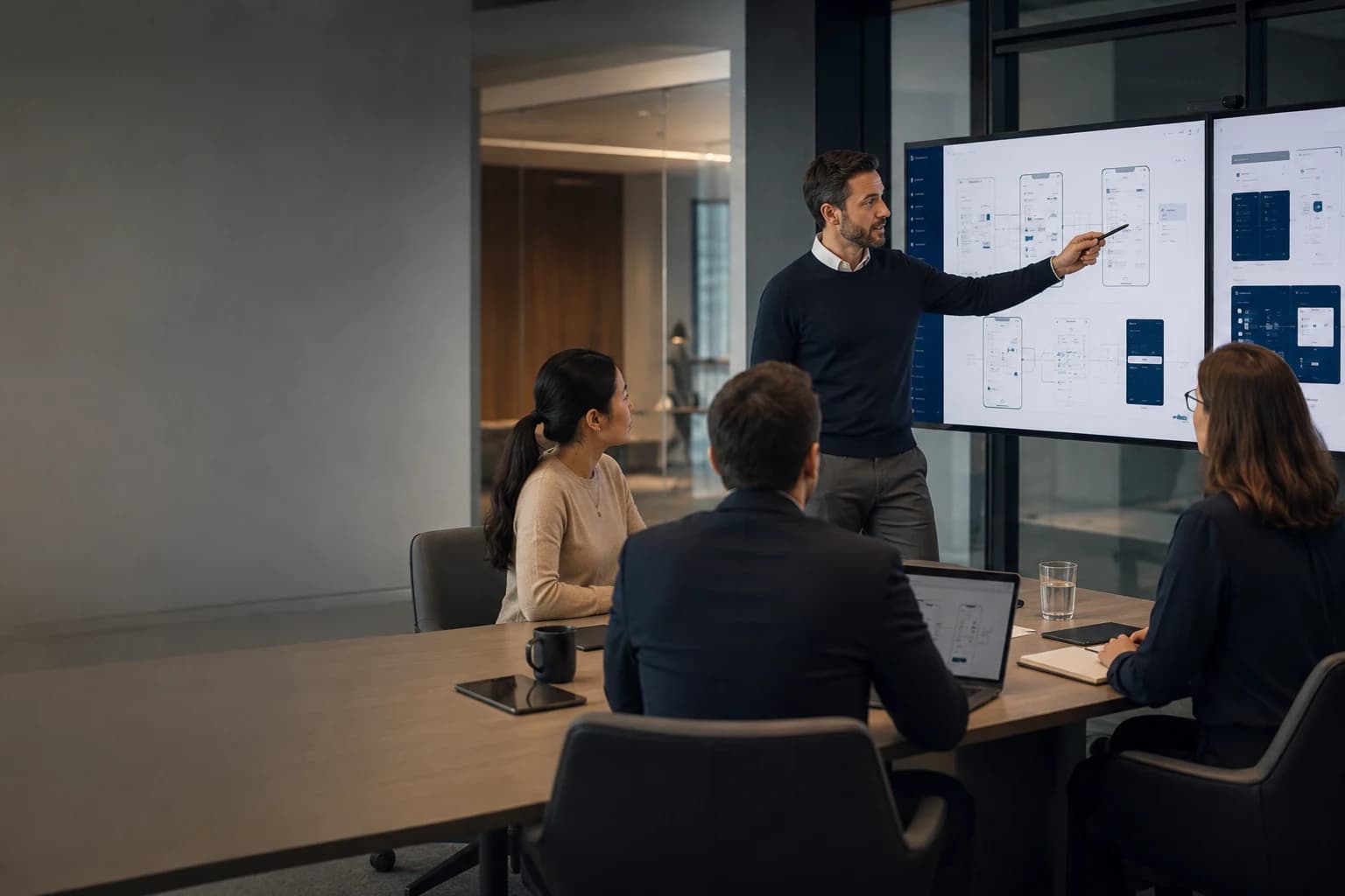 Team reviewing a SaaS product interface and workflow